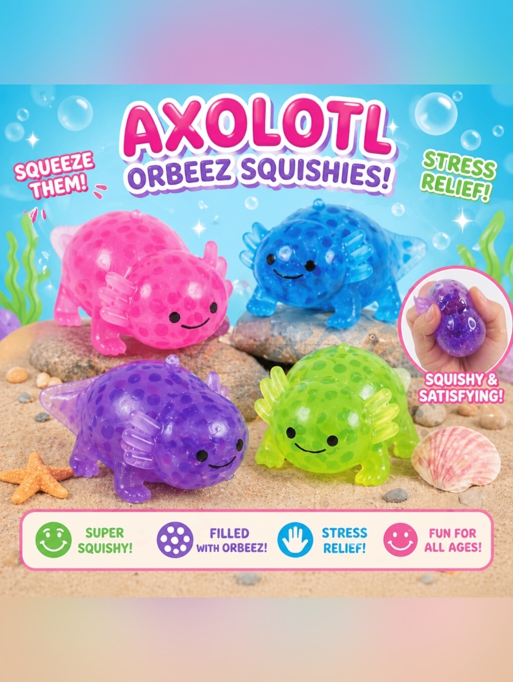 Boba Axolotl Squishies 4-Piece Complete Color Set Sensory Fidget Toys
